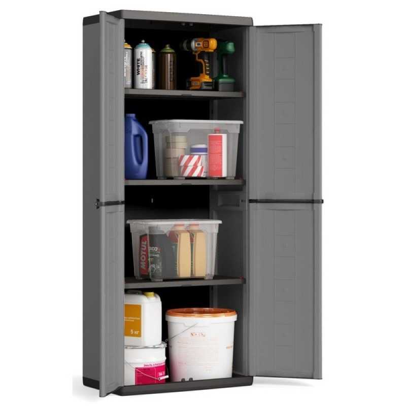 Dulap depozitare pentru exterior KETER Jolly R16 9732000, gri-negru, inalt, polipropilena, 68x39x166 cm, manere aluminiu, 3 rafturi reglabile