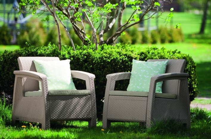 Set 2 fotolii pentru exterior KATER Corfu 258977, cappuccino, polipropilena, imitatie ratan, 75 x 70 x 79 cm, cu perne