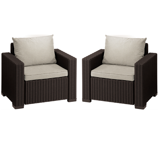 Set 2 fotolii de gradina KETER California 258779, maro, imitatie ratan, 83 x 68 x 72 cm, cu perne, din polipropilena