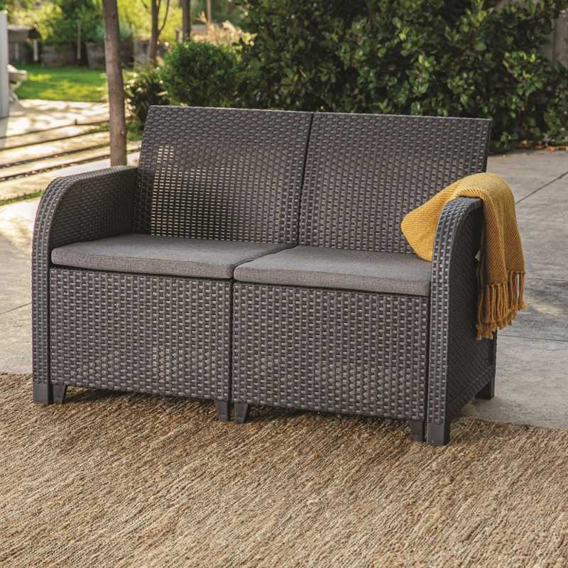 Set mobilier gradina KETER Rosalie 249561, grafit, canapea cu 2 locuri, 2 fotolii, masuta cafea patrata, 4 perne, din polipropilena