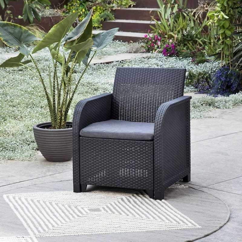 Set mobilier gradina KETER Rosalie 249561, grafit, canapea cu 2 locuri, 2 fotolii, masuta cafea patrata, 4 perne, din polipropilena