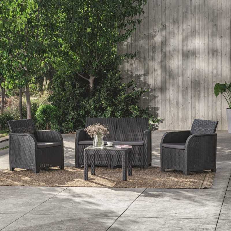 Set mobilier gradina KETER Rosalie 249561, grafit, canapea cu 2 locuri, 2 fotolii, masuta cafea patrata, 4 perne, din polipropilena