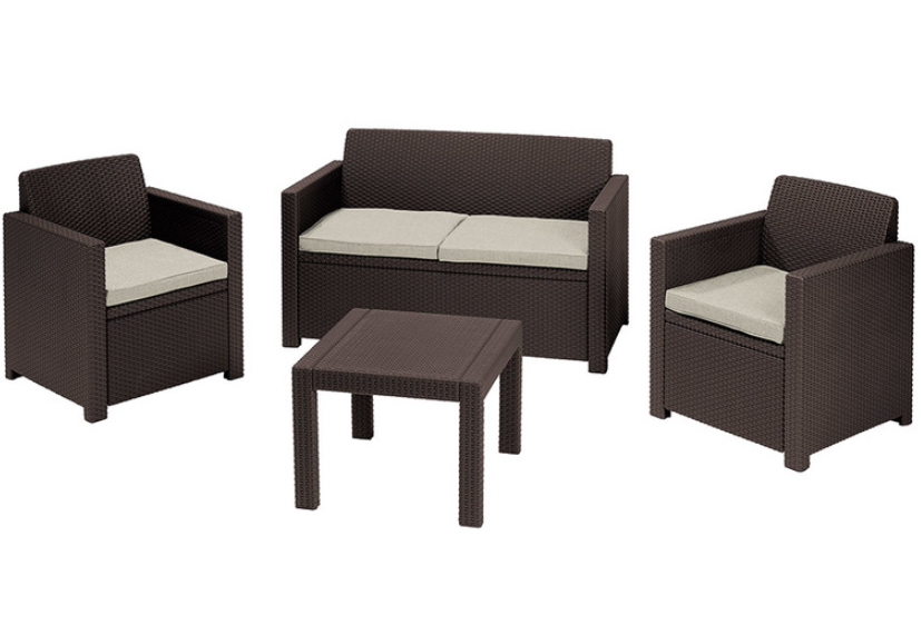 Set mobilier gradina KETER Alabama 258757, maro, masuta de cafea patrata, canapea cu 2 locuri, 2 fotolii, 4 perne, din polipropilena