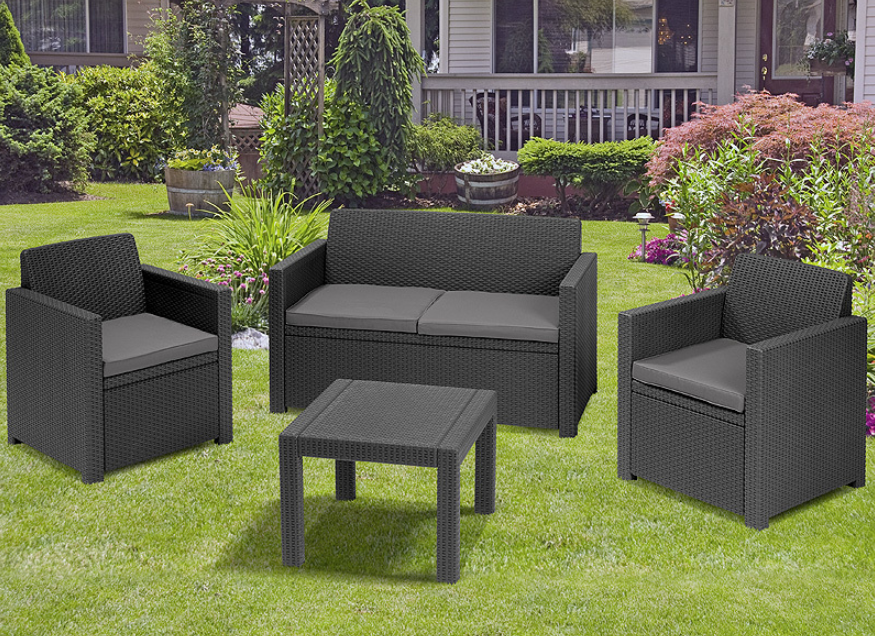 Set mobilier gradina KETER Alabama 258757, maro, masuta de cafea patrata, canapea cu 2 locuri, 2 fotolii, 4 perne, din polipropilena