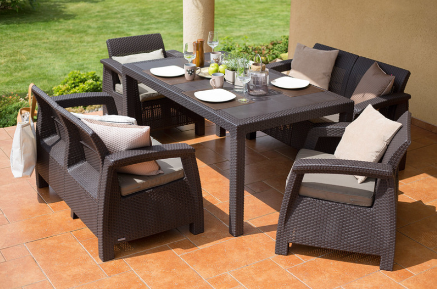 Set mobilier gradina KETER Corfu Rest 258951, maro, 2 canapele cu 2 locuri, 2 fotolii, 6 perne, fara masa, din polipropilena