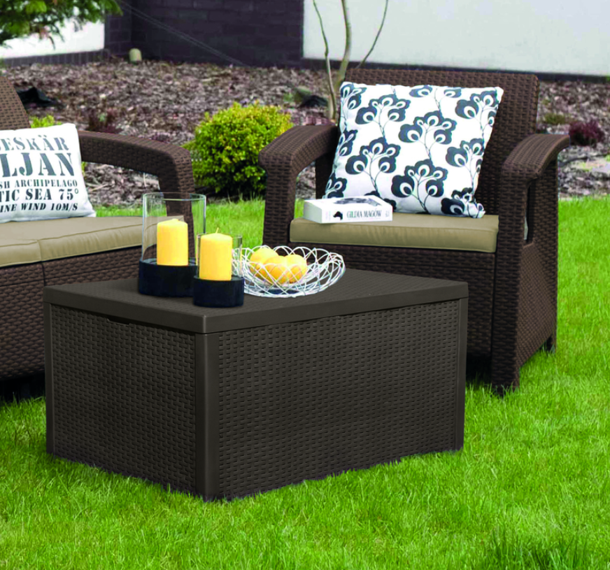Set mobilier gradina KETER Corfu Box 258943, gri, masa dreptunghiulara cu spatiu de depozitare, canapea cu 2 locuri, 2 fotolii, 4 perne, din polipropilena
