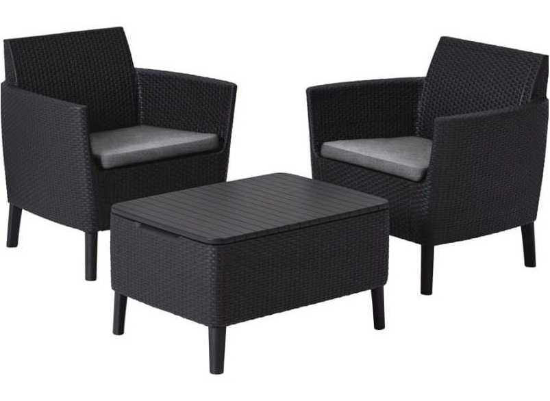 Set mobilier pentru balcon KETER Salemo 253206, grafit, masa dreptunghiulara cu spatiu de depozitare, 2 fotolii, 2 perne, din polipropilena