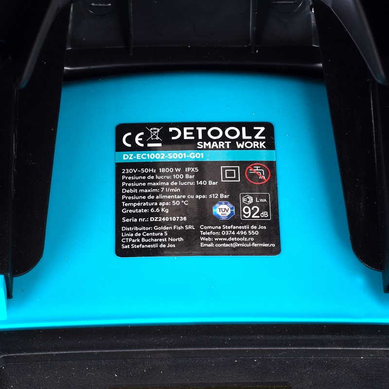 Aparat de spalat cu presiune DETOOLZ DZ-EC1002-S001-G01, 1800 W, presiune max. 140 bar, debit max. 7 l/min, furtun 5 m, IPX5, cu roti