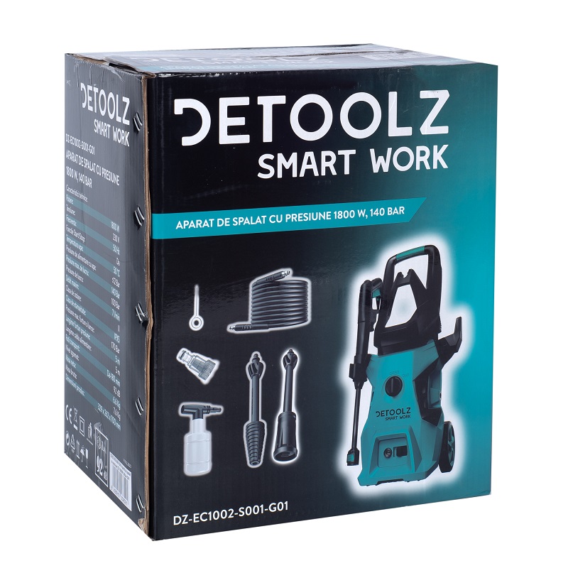 Aparat de spalat cu presiune DETOOLZ DZ-EC1002-S001-G01, 1800 W, presiune max. 140 bar, debit max. 7 l/min, furtun 5 m, IPX5, cu roti