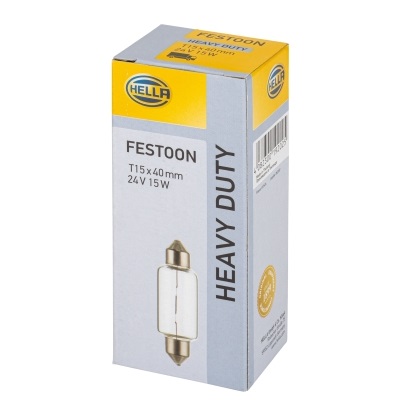 Bec soffite pentru camioane HELLA HEAVY DUTY Festoon 8GM 002 091-261, T15x40, 24V, 15W, SV8.5-8, se vinde la set de 10 bucati/pret pe bucata