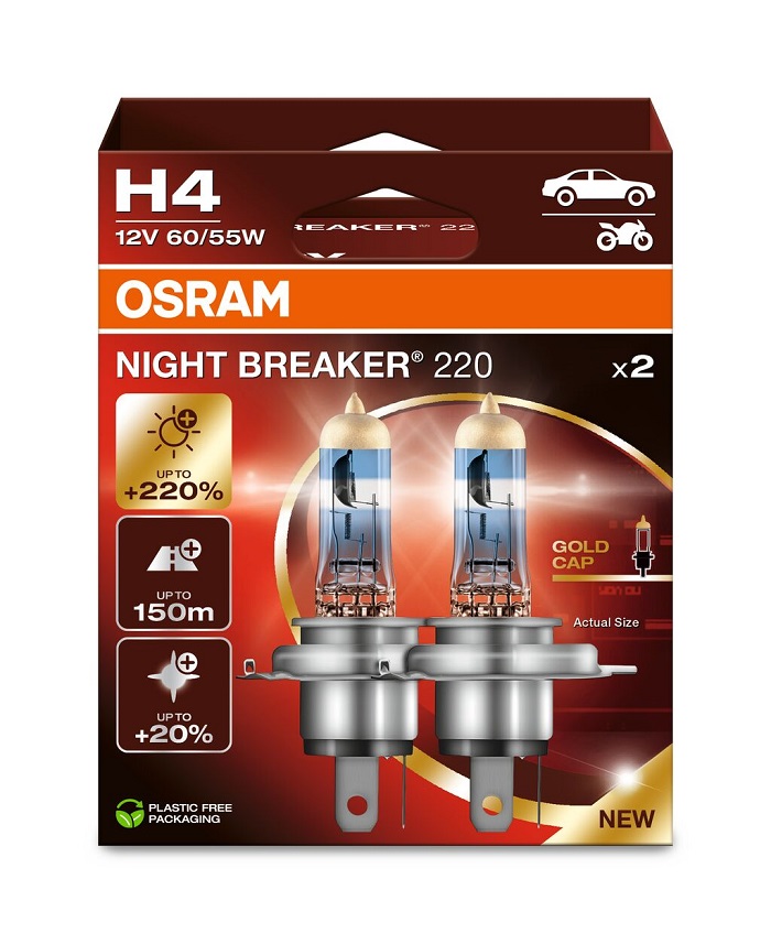 Set 2 becuri halogen auto OSRAM Night Breaker 220 64193NB220-2HB, H4, 12V, 60/55W, P43t, cutie