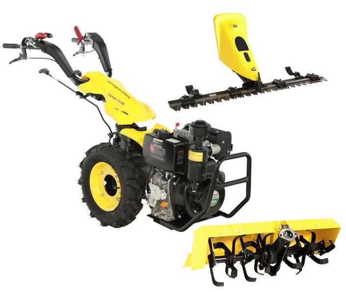 Motocultor multifunctional ProGARDEN Campo U12E, 12 CP, diesel, pornire electrica, 3+2 viteze, reductor + BT-X90N freza tractata 900 mm + BT-BC12 bara cosire mobila 120 cm