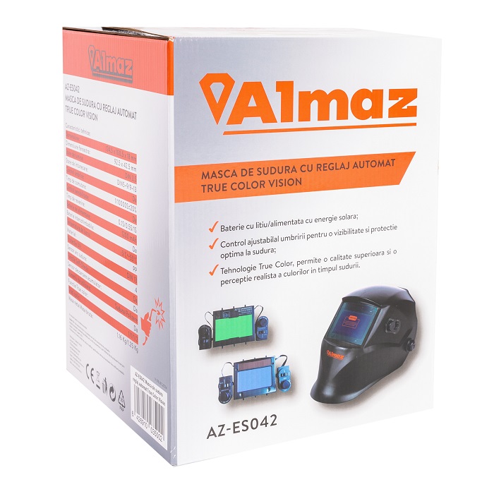 Masca de sudura cu reglaj automat ALMAZ True Color Vision AZ-ES042, viziera 92.5x42.5 mm, baterie 1200 mAh, grad optic 1/1/1/2, negru