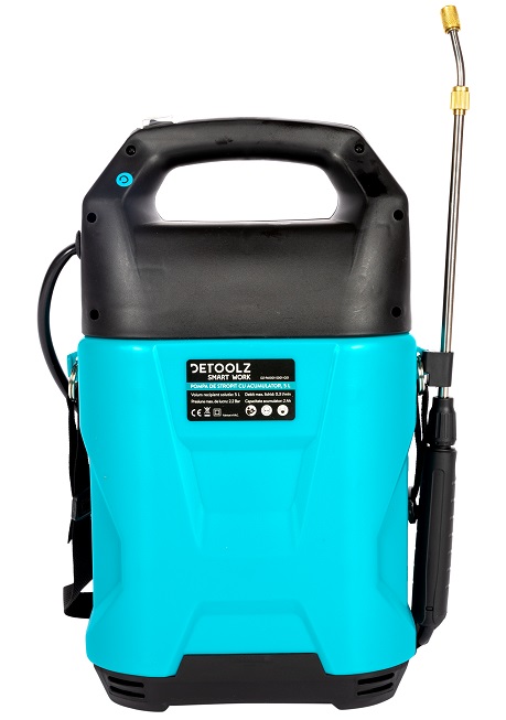 Pompa de stropit cu acumulator DETOOLZ DZ-PA1001-S001-G01, 12V, 2 Ah, volum 5 litri, debit 0.3 l/min, furtun 1.15 m, tija 50 cm, presiune 2.2 bar