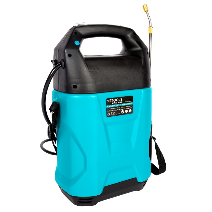 Pompa de stropit cu acumulator DETOOLZ DZ-PA1001-S001-G01, 12V, 2 Ah, volum 5 litri, debit 0.3 l/min, furtun 1.15 m, tija 50 cm, presiune 2.2 bar