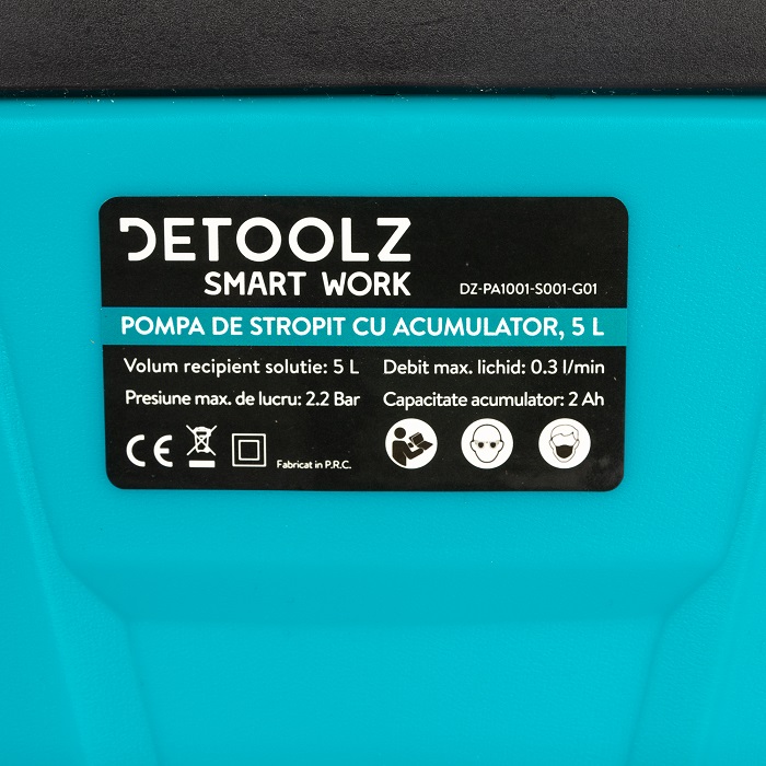Pompa de stropit cu acumulator DETOOLZ DZ-PA1001-S001-G01, 12V, 2 Ah, volum 5 litri, debit 0.3 l/min, furtun 1.15 m, tija 50 cm, presiune 2.2 bar
