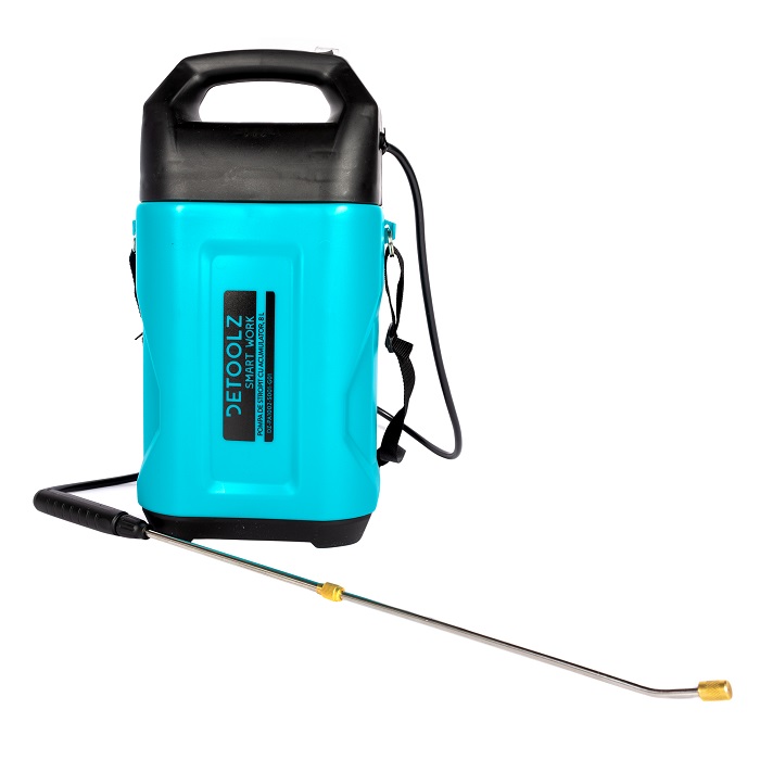 Pompa de stropit cu acumulator DETOOLZ DZ-PA1002-S001-G01, 12V, 2 Ah, volum 8 litri, debit 0.3 l/min, furtun 1.15 m, tija 50 cm, presiune 2.2 bar