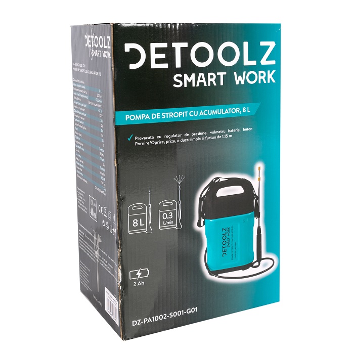 Pompa de stropit cu acumulator DETOOLZ DZ-PA1002-S001-G01, 12V, 2 Ah, volum 8 litri, debit 0.3 l/min, furtun 1.15 m, tija 50 cm, presiune 2.2 bar