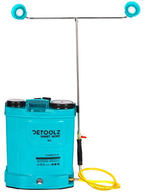 Pompa de stropit cu acumulator DETOOLZ DZ-PA1008-S001-G01, 12V, 2 Ah, volum 16 litri, debit 0.3 l/min, furtun 1.15 m, tija 50 cm, presiune 2.2 bar