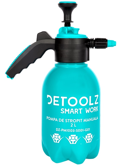 Pompa de stropit manuala DETOOLZ DZ-PM1003-S001-G01, volum 2 litri, debit 1-2 l/min, presiune 2 bar, temperatura max 40C