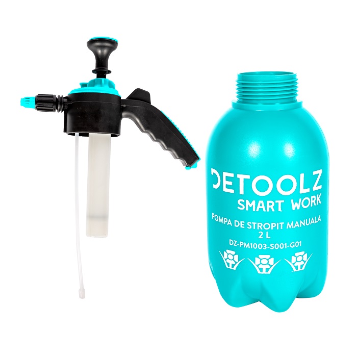 Pompa de stropit manuala DETOOLZ DZ-PM1003-S001-G01, volum 2 litri, debit 1-2 l/min, presiune 2 bar, temperatura max 40C