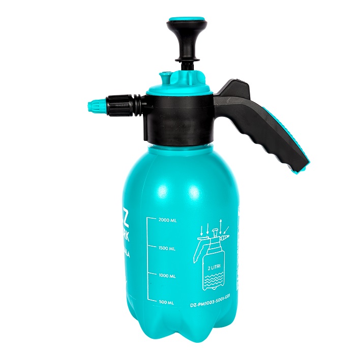 Pompa de stropit manuala DETOOLZ DZ-PM1003-S001-G01, volum 2 litri, debit 1-2 l/min, presiune 2 bar, temperatura max 40C