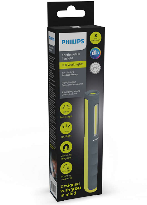 Lampa de inspectie tip stilou cu LED PHILIPS XPERION 6000 PENLIGHT X60PENX1, 2 W, 200 lumeni, 3.7V, baterie Li-ion 1200 mAh, alimentare USB-C