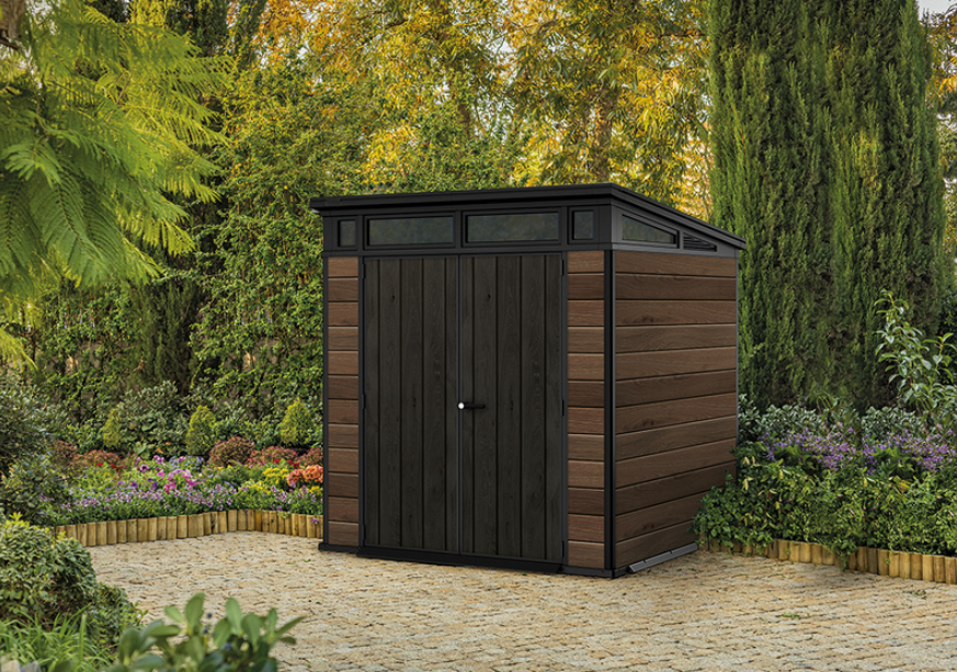 Casuta de gradina KETER Penthouse 7x7 Signature 259814, maro, 216 x 216 x 226 cm, cu usa dubla, material composit rasini, cu ferestre