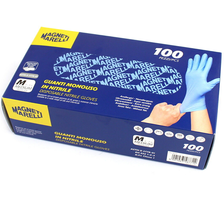 Set 100 manusi de unica folosinta MAGNETI MARELLI 099700120060, din nitril, marimea M, protectie chimica