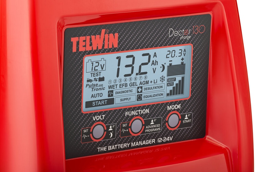 Redresor portabil pentru baterii auto TELWIN DOCTOR CHARGE 130 807599, 230 V, putere incarcare 1.8 kW, putere pornire 2 kW, curent pornire 180 A, display LCD