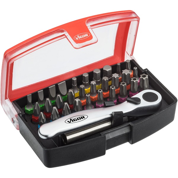 Set 32 biti insurubare VIGOR V5502, cheie clichet, antrenor 1/4 inch, profil Torx, pozidrive, philips, hexagonal, drept, cutie depozitare