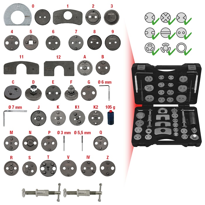 Kit 41 scule pentru rotire, reintroducere si resetare etrier frana KS TOOLS 150.1970, cutie plastic, pentru sisteme Bendix, Girling si Smart