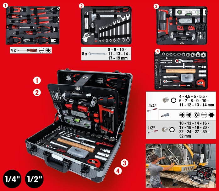 Trusa cu 127 scule KS TOOLS 911.0727, 1/4 inch + 1/2 inch, clesti, 8 x chei combinate, 4 x surubelnite, chei tubulare+biti, geanta aluminiu