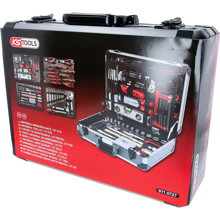 Trusa cu 127 scule KS TOOLS 911.0727, 1/4 inch + 1/2 inch, clesti, 8 x chei combinate, 4 x surubelnite, chei tubulare+biti, geanta aluminiu