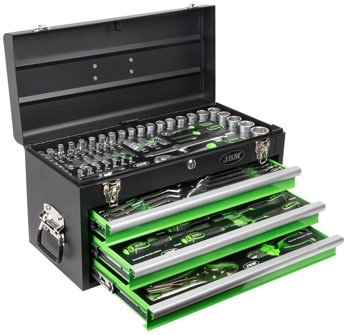 Trusa cu 143 scule auto JBM 54261, 3 sertare, prindere 1/4 inch, 1/2 inch, cutie metalica, verde/negru