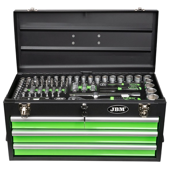 Trusa cu 143 scule auto JBM 54261, 3 sertare, prindere 1/4 inch, 1/2 inch, cutie metalica, verde/negru