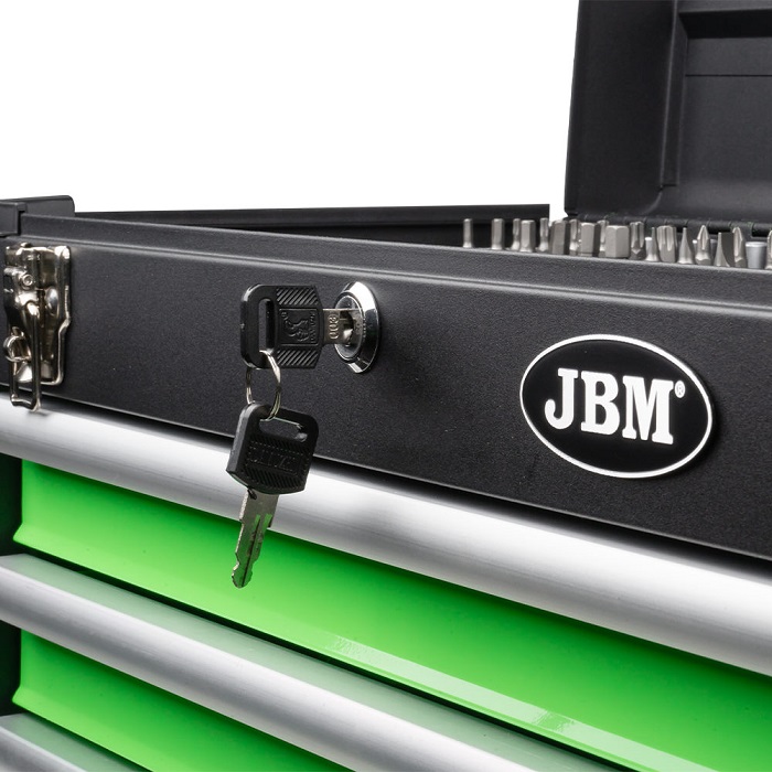 Trusa cu 143 scule auto JBM 54261, 3 sertare, prindere 1/4 inch, 1/2 inch, cutie metalica, verde/negru