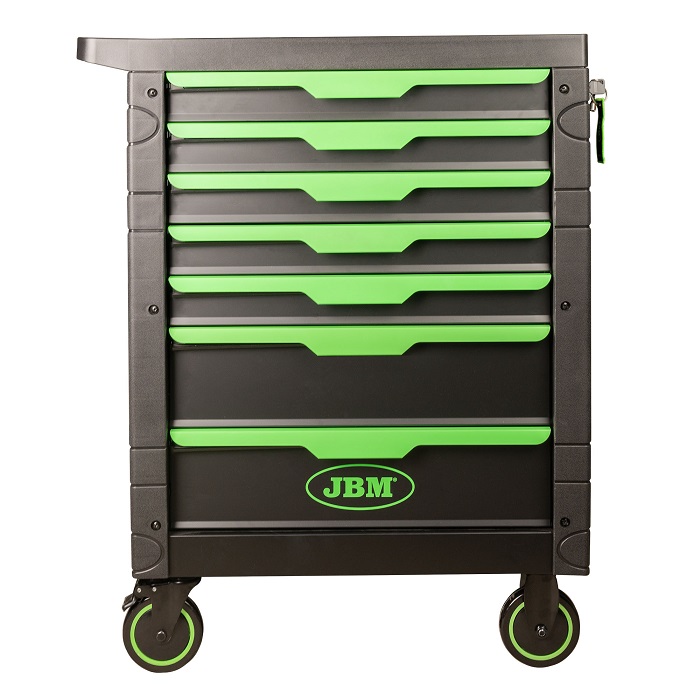 Carucior profesional cu scule pentru atelier JBM 54389, cu 7 sertare, 774x469x970 mm, echipat cu scule, cu roti, verde
