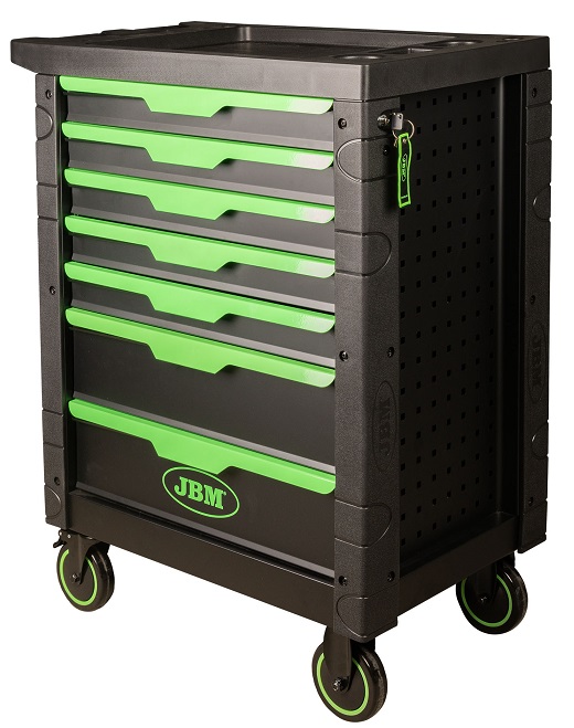 Carucior profesional cu scule pentru atelier JBM 54389, cu 7 sertare, 774x469x970 mm, echipat cu scule, cu roti, verde