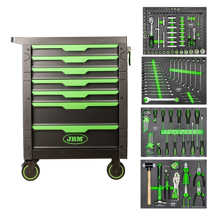 Carucior profesional cu scule pentru atelier JBM 54389, cu 7 sertare, 774x469x970 mm, echipat cu scule, cu roti, verde