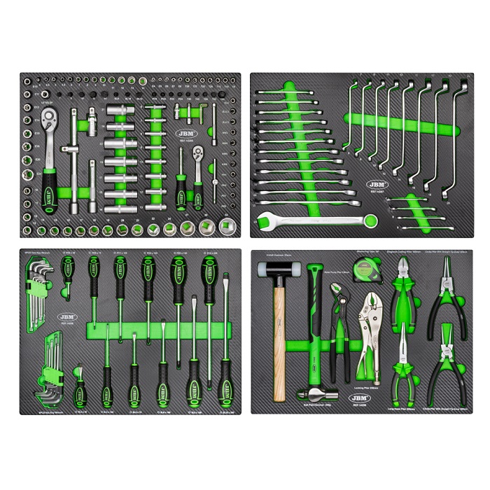 Carucior profesional cu scule pentru atelier JBM 54389, cu 7 sertare, 774x469x970 mm, echipat cu scule, cu roti, verde