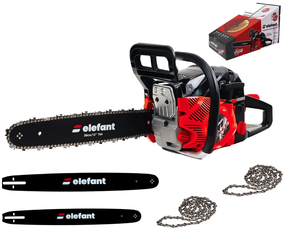 Drujba pe benzina ELEFANT EM-5.5 14550, 5.5 CP, 4.1 kW, 52 CC, 10000 rot/min. 2 x lama 32/36 dinti, 64/72 pinteni, 325 pas