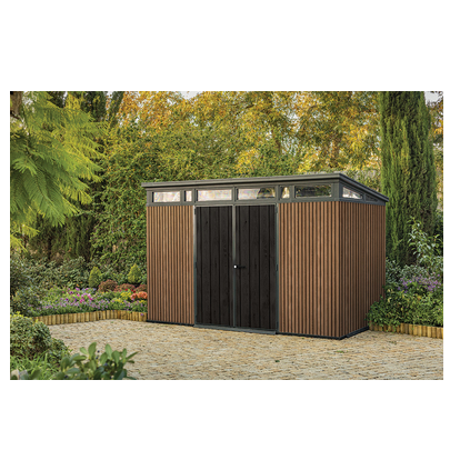 Casuta de gradina KETER Penthouse 11x7 Signature 259822, maro nuc, 342 x 216 x 226 cm, cu usa dubla, material composit rasini, cu ferestre