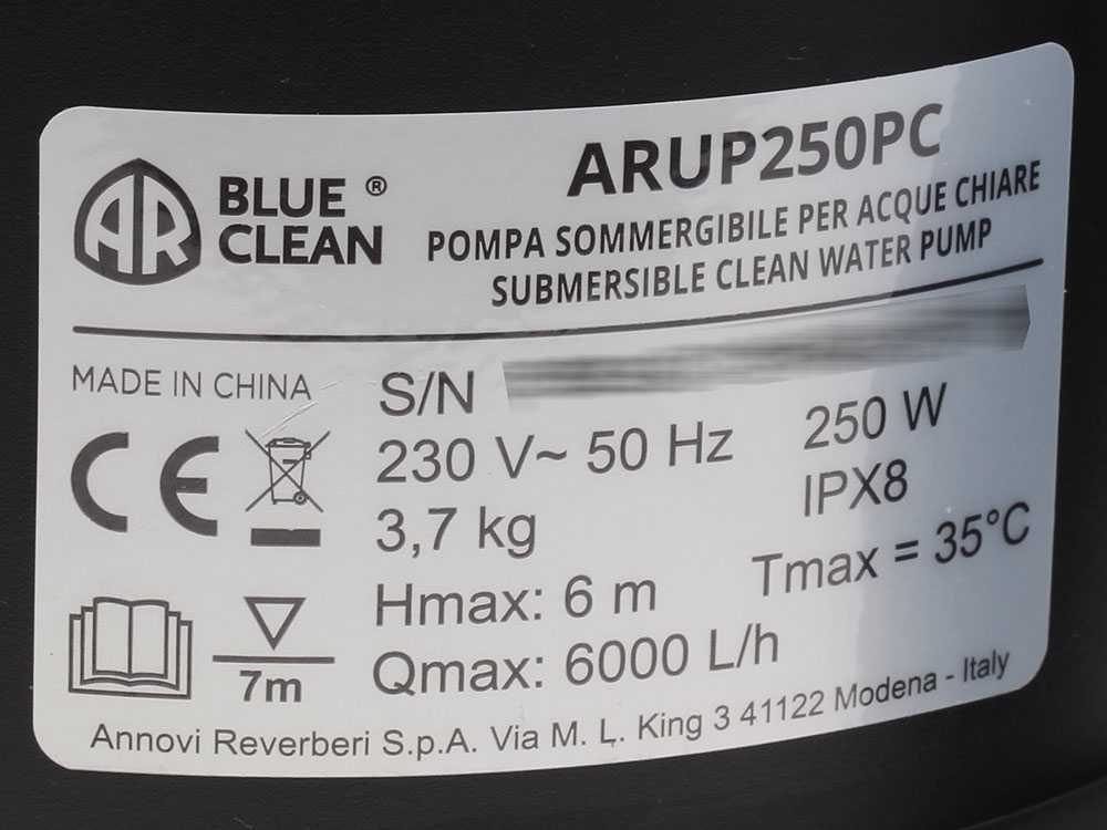 Pompa submersibila pentru apa curata ANNOVI REVERBERI ARUP 250 PC, 250 W, debit 6000 l/h, adancime max 7 m, inaltime max pompare 6 m