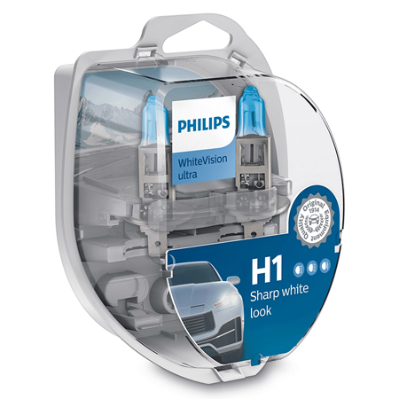 Bec auto halogen PHILIPS White Vision Ultra PH-H1WVU, soclu H1, 3700K, 55W, blister, 2 bucati