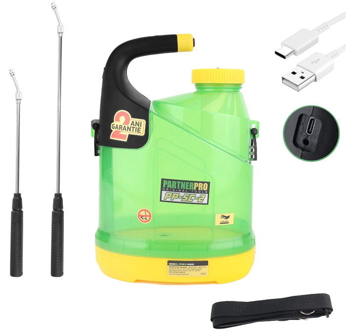 Pompa de stropit cu acumulator PARTNER PRO PP-5C-2 14633, volum rezervor 5 litri, 5V, 0.25 Mpa, acumulator Li-Ion 2500 mAh, incarcare USB
