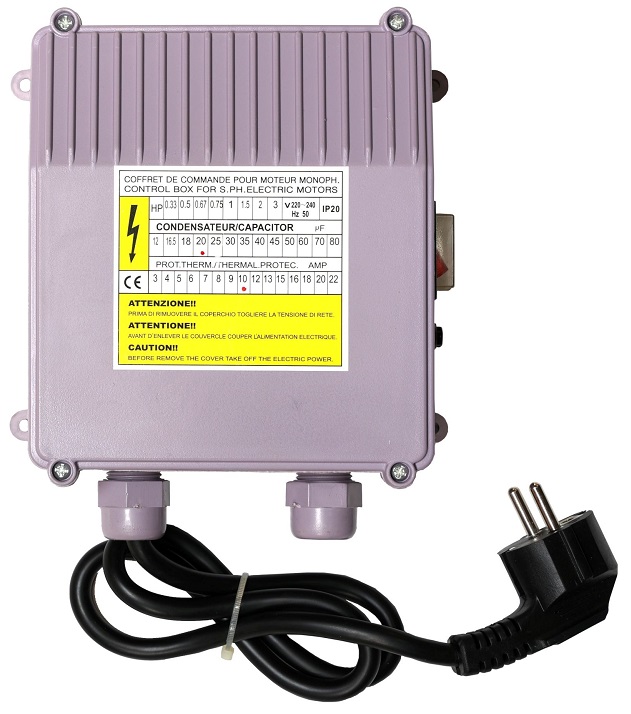 Panou de control pentru pompa apa ProGARDEN 4572061020, protectie termica 10A, capacitor 20 uF, IP44, cablu cu stecher 850 mm