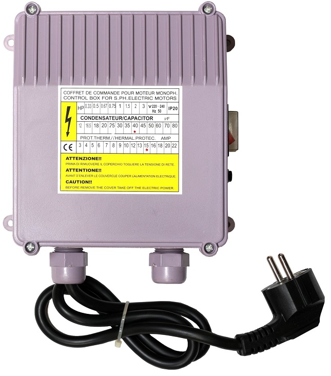 Panou de control pentru pompa apa ProGARDEN 4572061540, protectie termica 15A, capacitor 40 uF, IP44, cablu cu stecher 850 mm