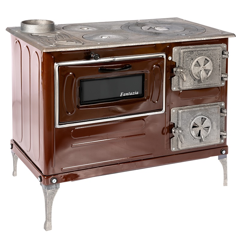 Soba pe lemne MICUL FERMIER Fantazia MF-EI1003-G01, 6.7 kW, cos stanga, plita din fonta, corp otel maro, 800x430x700 mm
