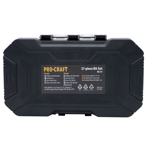 Set 37 biti PROCRAFT BS-37 14605, 25 mm/50 mm, adaptoare priza, chei cu piulita, cutie depozitare